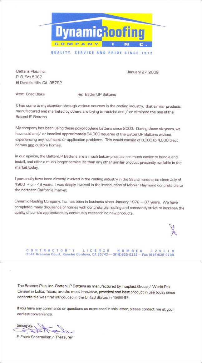 Letter from Dynamic Roofing